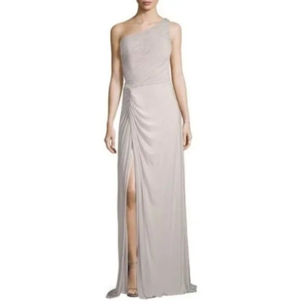 RENE RUIZ silver draped jersey one shoulder floor length gown